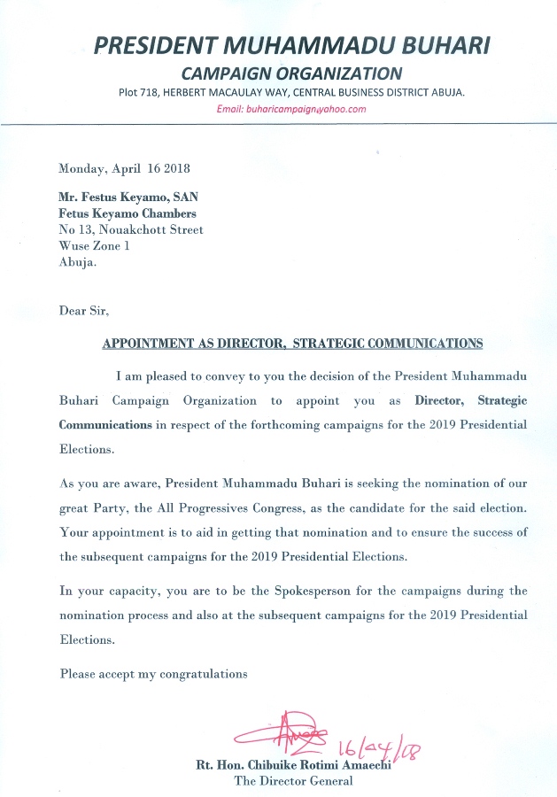 Breaking: Buhari appoints Keyamo campaign spokesman + appointment letter