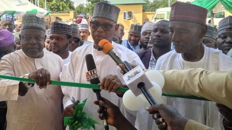 L-R: Dr. Mohammed Aminu Mohammed, Bello Muhammad Gronyo, and Aliyu Wammako at commissioning of building donated to NABTEB by Wamakko